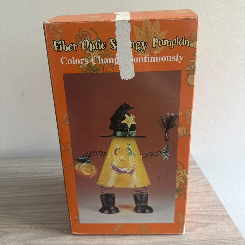 Vintage Fiber Optic Springy Pumpkin Collie Changing Halloween Decor W Box Tested